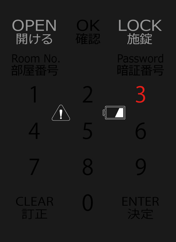 電池残量が約2週間になると、コーションマークと電池マークと「3」が点灯します。この表示になると、荷物を取り出す以外の操作が出来なくなります。電池交換を行ってください。