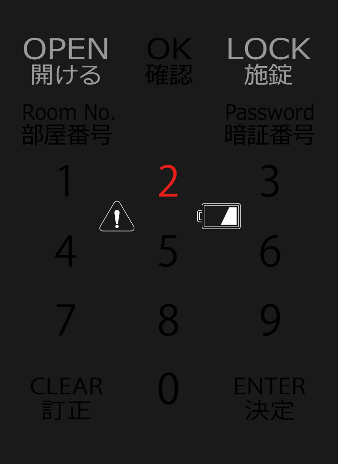 電池残量が無くなるとコーションマークと電池マークと「2」が点灯します。この表示になると、間もなく使用できなくなります。電池交換を行ってください。