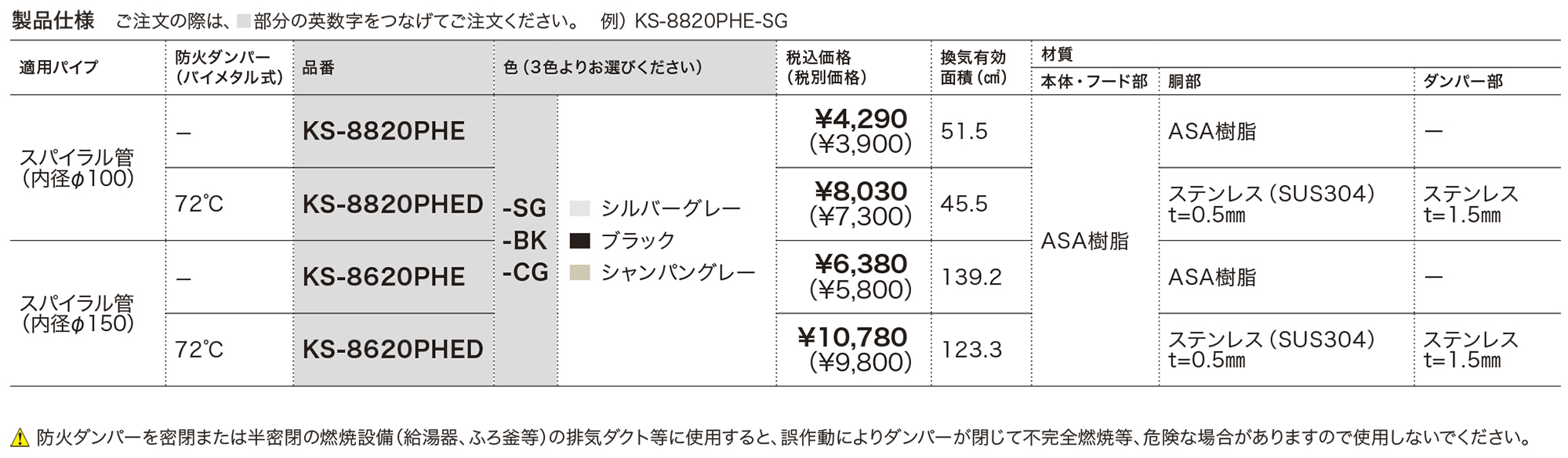 屋外換気口 樹脂／強制換気用スリムタイプ／防火ダンパー無・付 KS