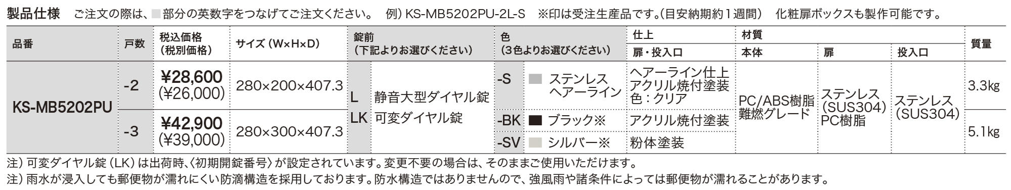 ポスト W280×H100 前入前出／防滴タイプ KS-MB5202PU | ポスト | 製品情報 | 株式会社ナスタ