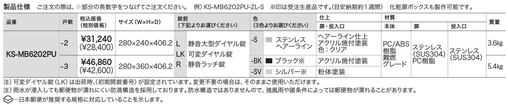 ポスト W280×H120 前入前出／防滴タイプ KS-MB6202PU | ポスト | 製品