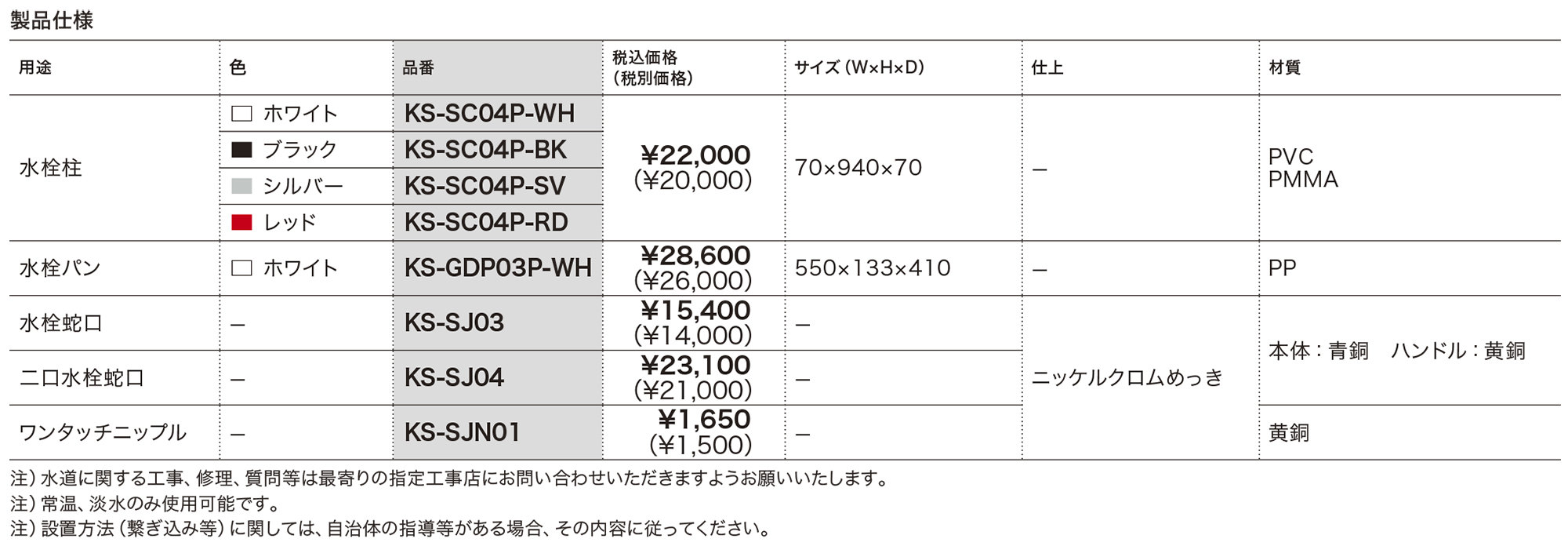 水栓柱セット KS-SC04P／KS-GDP03P／KS-SJ03／KS-SJ04／KS-SJN01