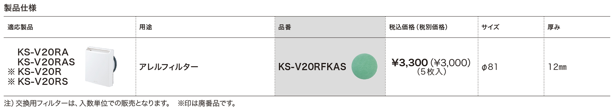 アレルフィルター KS-V20RFKAS | 換気口関連品・メンテナンス品 | 製品情報 | 株式会社ナスタ